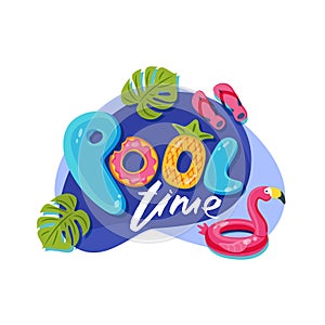 Swimming pool time cute letters. Vector label, sticker or print design. Flamingo float kids toys. Doodle illustration