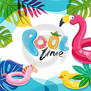 Swimming pool time. Flamingo, duck and unicorn float kids toys. Beach party vector poster, flyer, banner design template