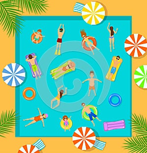 Swimming pool top view beach summer time scene with people