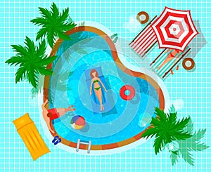 Swimming pool top view with human characters during leisure flat composition on tiled blue background vector illustration