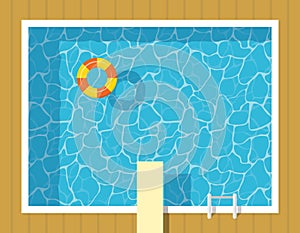 Swimming pool top view with inflatable ring and springboard jump. photo