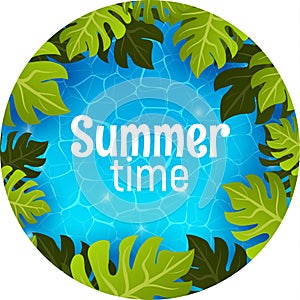 Swimming pool, top view. Summer time poster banner with green tropical palm tree