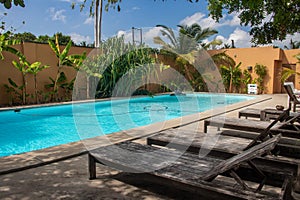 Swimming pool in tropical paradise with palm trees around and crystal clear blue water, perfect touristic destination