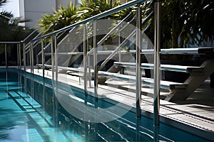Swimming Pool of Urban Industrial StyleStainless Steel Pool Rails. AI Generated