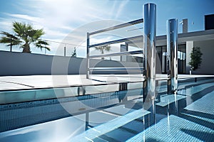 Swimming Pool of Urban Industrial StyleStainless Steel Pool Rails. AI Generated