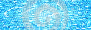 Swimming pool water background with caustic ripple and sunlight glare effect. Aquatic surface with waves backdrop