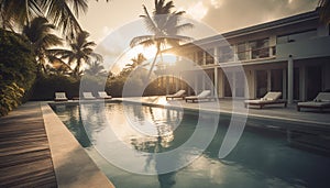 Swimming pool water reflects tranquil sunset, palm trees, and tropical beauty generated by AI