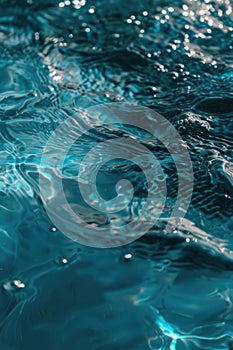 Swimming pool water surface with sunlight reflection and ripples