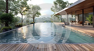 Swimming pool with wooden deck with modern house and beautiful view.Macro.AI Generative