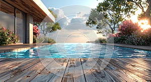 Swimming pool with wooden deck with modern house and beautiful view.Macro.AI Generative