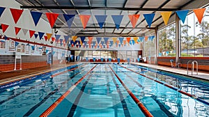 Swimming pools with clean water and separated paths, where swimmers compete in speed and endu