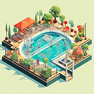 Swimming Pools inviting pools with swimmers sunbathers Enjoyment of aquatic activity 3D isometric Ai