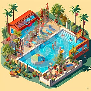 Swimming Pools inviting pools with swimmers sunbathers Enjoyment of aquatic activity 3D isometric Ai