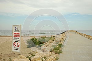 Swimming prohibition sign on the Black Sea Coast in Romania