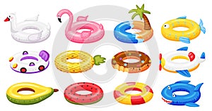 Swimming ring. Inflatable pool accessories, floating rubber toys watermelon, pineapple, donut, flamingo. Cartoon summer