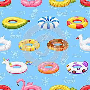 Swimming ring seamless pattern. Colorful inflatable pool toys floating on water. Flamingo, unicorn, donut swim rings