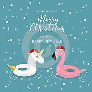 Swimming ring unicorn and flamingo with christmas background