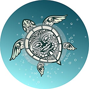 Swimming sea turtle with Polynesian tribal pattern photo