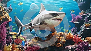 Swimming Shark Amongst Corals And Fish - Photorealistic Renderings And Cartoon-like Characters