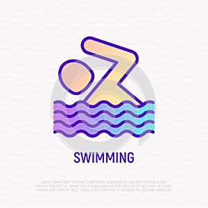 Swimming sign: man in water thin line icon. Sport activity. Vector illustration