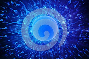 Swimming Sperm and egg cell on scientific background. 3d render