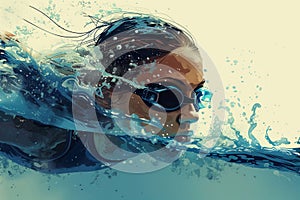 Swimming sport illustration. Female swimmer and splash water, banner. Generated by AI
