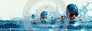 Swimming sport illustration. Male swimmers and splash water, banner. Generated by AI