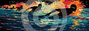 Swimming sport illustration. Silhouette of male swimmers and splash water, banner. Generated by AI