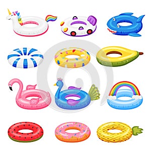 Swimming toy. Cartoon rubber inflatable rings in various shapes unicorn, flamingo, watermelon. Pool accessories beach