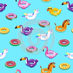 Swimming toys seamless pattern. Pool floating summer inflatable toy sea print float kid fashion textile print cartoon