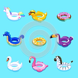 Swimming toys. Swim summer water pool inflatable toy animal float beach sea rings floating rescue marine cartoon set