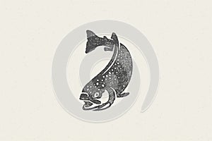 Swimming trout fish silhouette for fishing club or seafood market hand drawn stamp effect vector illustration