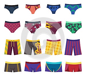 Swimming trunks set. Men underwear. Underpants and shorts, different models, beautiful clothing for beach and everyday