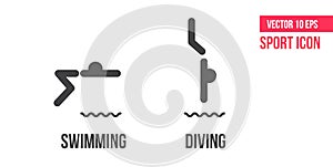 Swimming und diving sign icon, logo. Set of summer sports vector line icons, logo. athlete pictogram