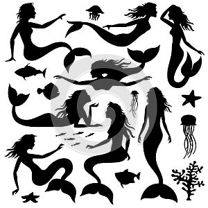 Swimming underwater mermaid black vector silhouettes