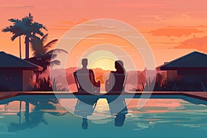 swimming vacation honeymoon pool back sunset travel romantic relax couple. Generative AI.