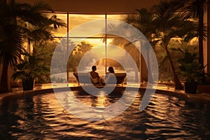 swimming vacation sunset pool travel relax couple back honeymoon romantic. Generative AI.
