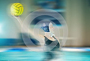 Swimming, water polo and woman athlete with a ball for a aqua competition, exercise or training. Sports, fitness and