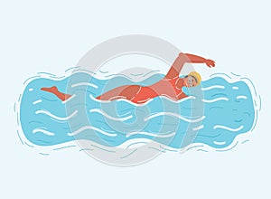 Swimming woman in water pool. Female swimmer in blue water pool