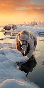 Swimming Yaks At Sunset: A Naturalistic Portraiture Inspired By Anton Fadeev photo