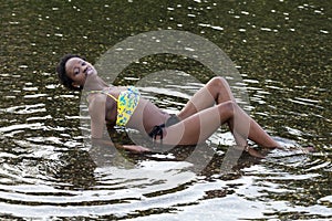 Swimsuit African American Teen Girl River Reclining