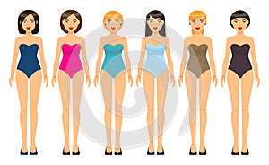 Swimsuit in different colors, set of young girls wearing underwear swimsuit, various hairtyles, bathing suits