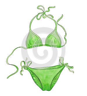 Swimsuit, green bikini watercolor illustration