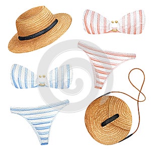 Swimsuit, panties, bra, straw bag and hat - beach set isolated on a white background. Cute summer illustration drawn on paper.