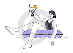 Swimsuit woman in inflatable ring flat line vector spot illustration