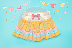 swimwear with skirt portion on a pastel backdrop