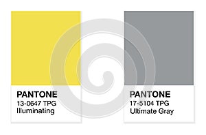 SWINDON UK - DECEMBER 20 2020: Pantone Illuminating Yellow and Ultimate Gray Trending Colours of the Year 2021. Color swatches