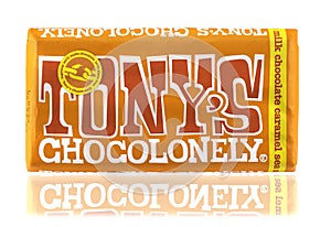 Bar of Tonys chcoconely chocolate on a white isolated background