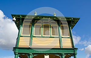 Swing Bridge control tower in yellow and green color on Pyrmont Bridge, Sydney, Australia.