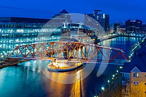 The swing bridge at Salford Quays links MediaCityUK with Trafford Wharf on the southern bank of the Manchester ship canal